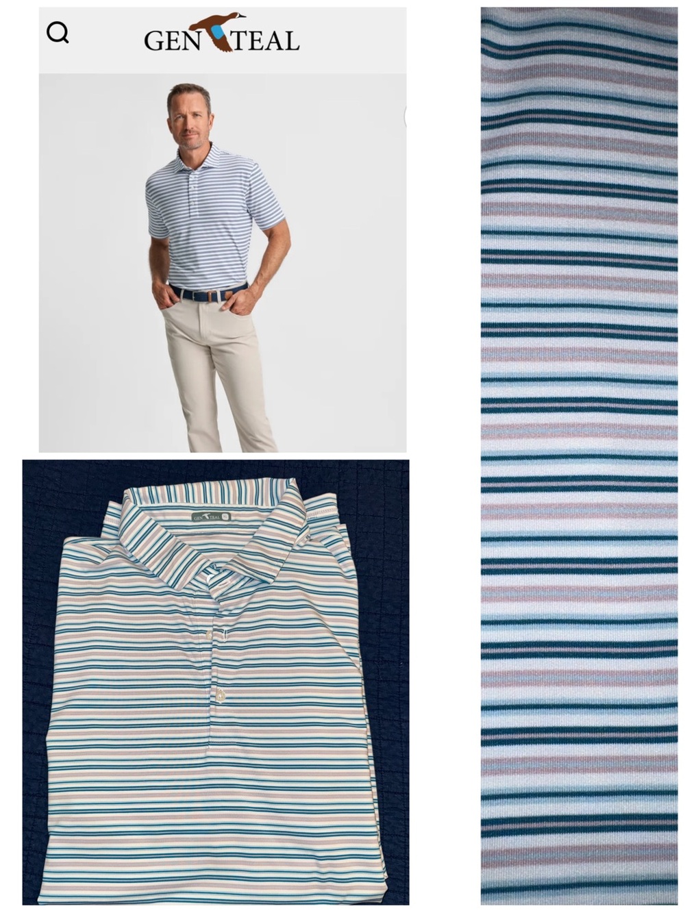 GENTEAL  Men's Striped Polo in Cream, Dusty Pink and Teal Blue,XL